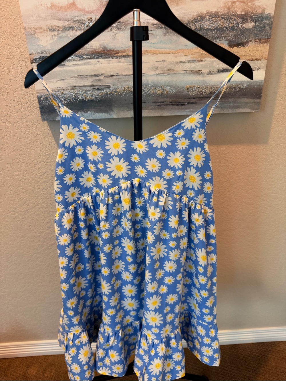 Pink Lily Blue Daisy Print Spaghetti Strap Sundress